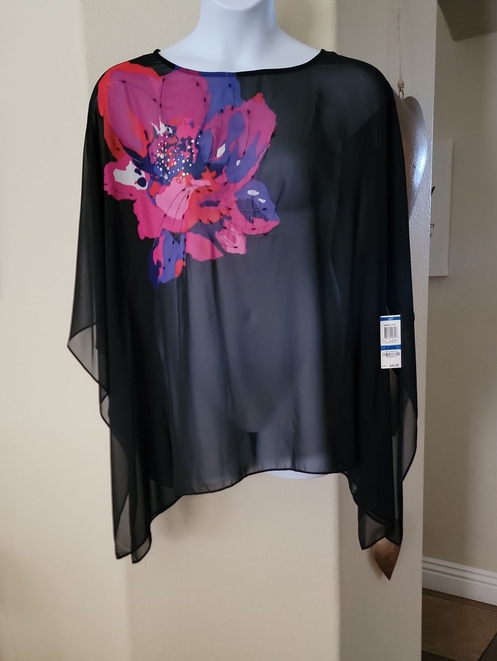 STYLE & CO Floral Shear Kaftan Style Top Pinks Black Size XL NWT